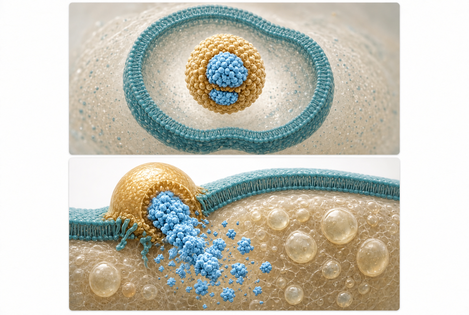 Illustration comparing an enclosed particle and cargo release at the cell membrane